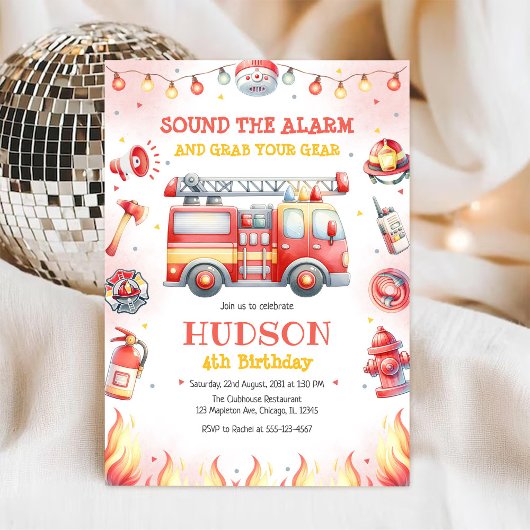 Firetruck Firefighter Kids Birthday Invitation 招待状