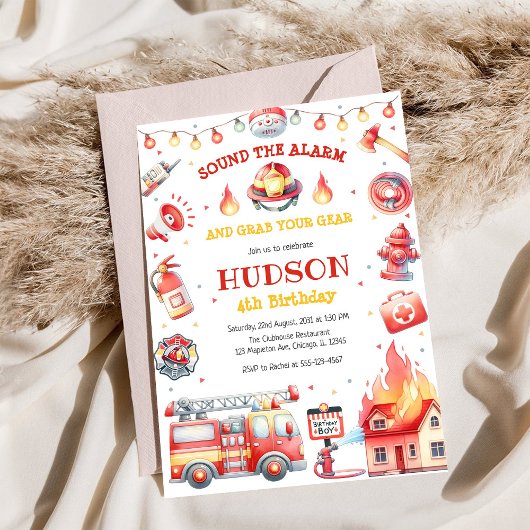 Firetruck Firefighter Kids Birthday Invitation 招待状