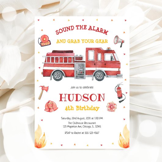 Firetruck Firefighter Kids Birthday Invitation 招待状