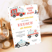Firetruck Firefighter Kids Birthday Invitation