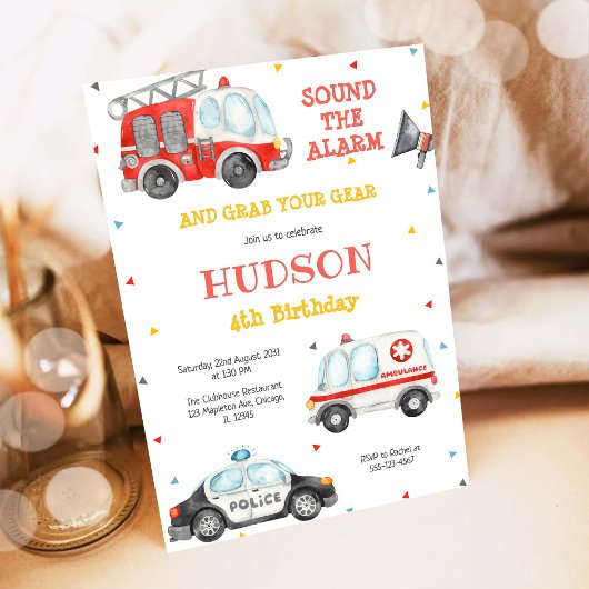 Firetruck Firefighter Kids Birthday Invitation 招待状