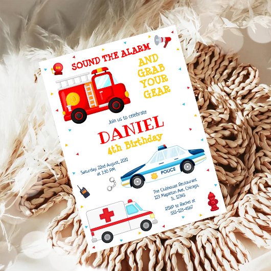 Firetruck Firefighter Kids Birthday Invitation 招待状