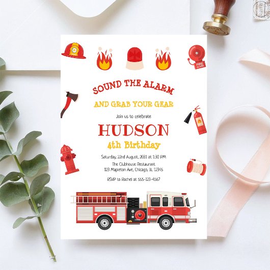 Firetruck Firefighter Kids Birthday Invitation 招待状