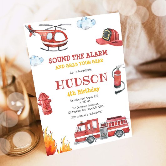 Firetruck Firefighter Kids Birthday Invitation 招待状