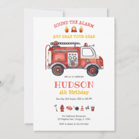 Firetruck Firefighter Kids Birthday Invitation 招待状 (正面)