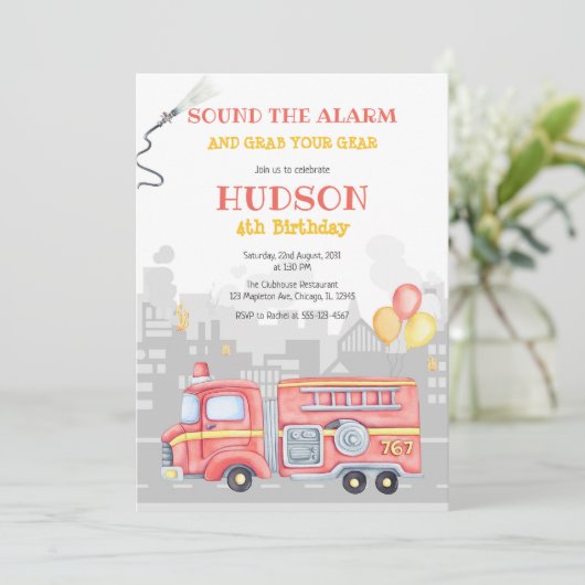 Firetruck Firefighter Kids Birthday Invitation 招待状 (スタンド正面)