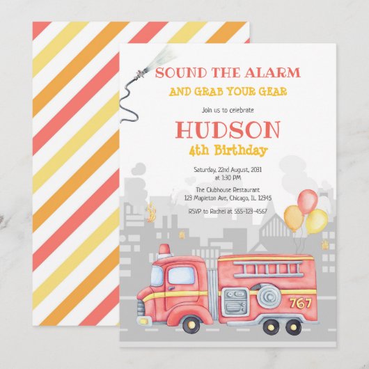 Firetruck Firefighter Kids Birthday Invitation 招待状 (正面/裏面)