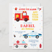 Firetruck Firefighter Kids Birthday Invitation 招待状 (正面)