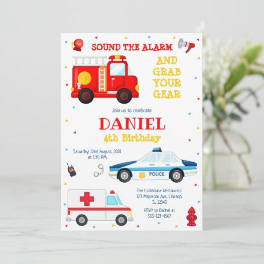 Firetruck Firefighter Kids Birthday Invitation 招待状 (スタンド正面)