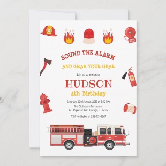 Firetruck Firefighter Kids Birthday Invitation 招待状 (正面)