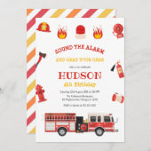 Firetruck Firefighter Kids Birthday Invitation 招待状 (正面/裏面)