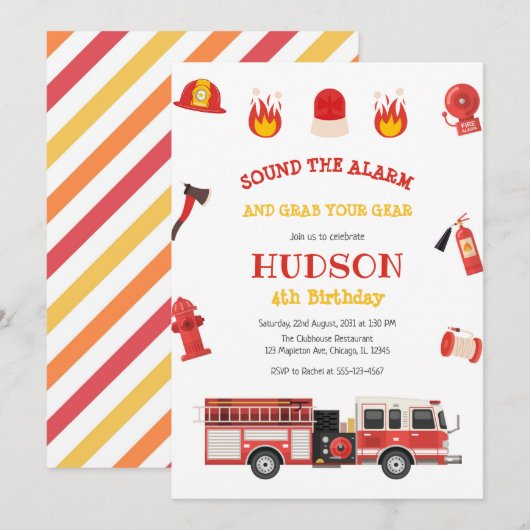 Firetruck Firefighter Kids Birthday Invitation 招待状 (正面/裏面)