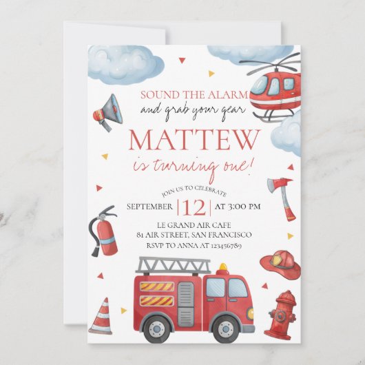 Firetruck First Birthday Invitation 招待状 (正面)