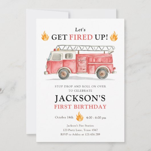 Firetruck Let's Get Fired Up Boy First Birthday 招待状 (正面)