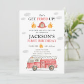 Firetruck Let's Get Fired Up Boy First Birthday 招待状 (スタンド正面)