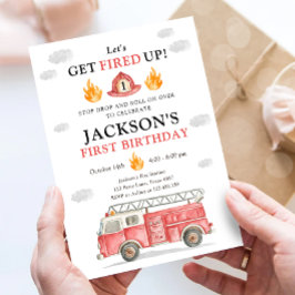 Firetruck Let's Get Fired Up Boy First Birthday 招待状