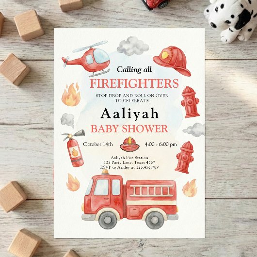 firetruck party firefighter vehicle baby shower 招待状