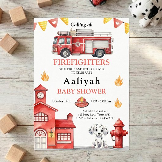 firetruck party firefighter vehicle baby shower 招待状
