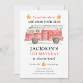 Firetruck Sound the Alarm Fireman Boy Birthday 招待状 (正面)
