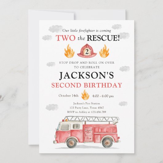 Firetruck Two the Rescue Boy Second Birthday 招待状 (正面)