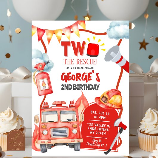 Firetruck Two The Rescue Kid's 2nd Birthday 招待状