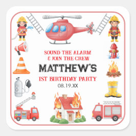Firetrucks Boy 1st Birthday | Cute Little party スクエアシール