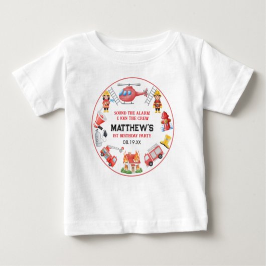 Firetrucks Boy 1st Birthday | Cute Little party ベビーTシャツ (正面)