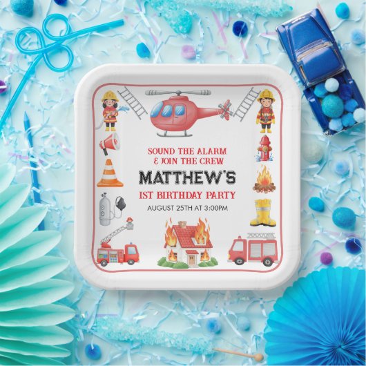 Firetrucks Boy 1st Birthday | Cute Little party ペーパープレート (パーティー)