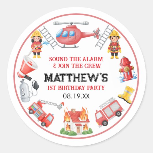 Firetrucks Boy 1st Birthday | Cute Little party ラウンドシール (正面)