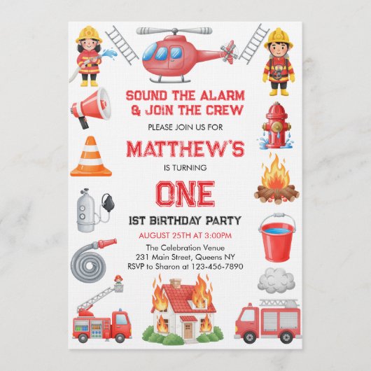 Firetrucks Boy 1st Birthday | Cute Little party 招待状 (正面)
