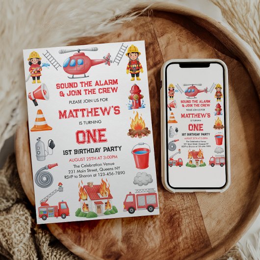 Firetrucks Boy 1st Birthday | Cute Little party 招待状