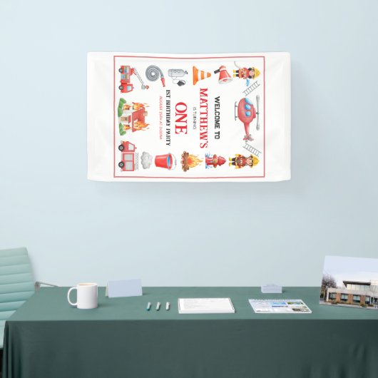 Firetrucks Boy 1st Birthday | Cute Little party 横断幕 (トレードショー)