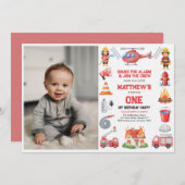 Firetrucks Boy 1st Birthday | Cute Little party In 招待状 (正面/裏面)