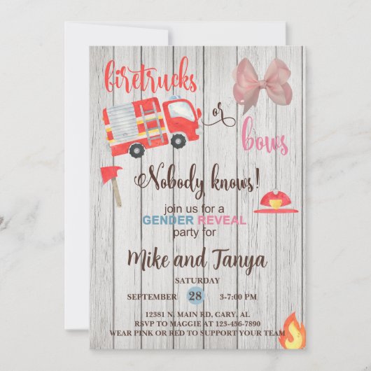 Firetrucks or Bows gender reveal invitation. 招待状 (正面)
