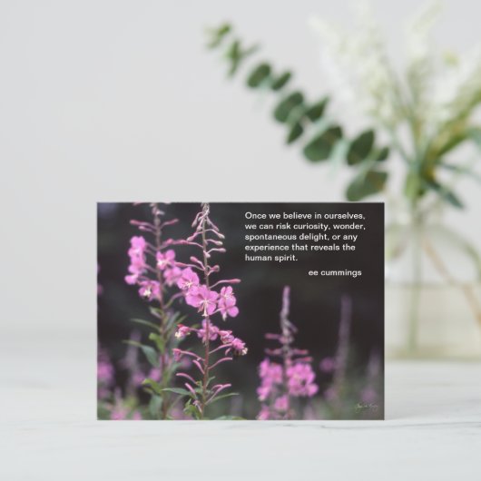 Fireweedの植物- eeのcummingsの引用文 ポストカード (スタンド正面)