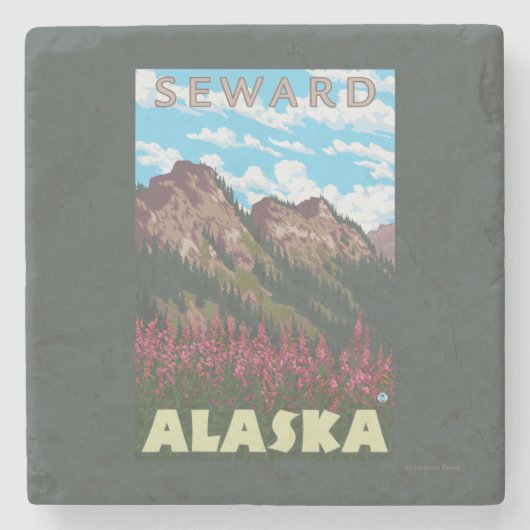 Fireweed及び山- Seward、アラスカ ストーンコースター (正面)