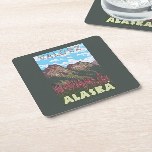 Fireweed及び山- Valdez、アラスカ スクエアペーパーコースター (アングル)