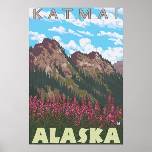 Fireweed & Mountains - Katmai，アラスカ ポスター (正面)