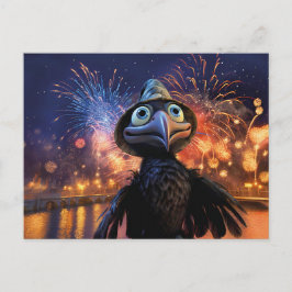 Firework Wonder Raven Watching Night Sky In Styliz ポストカード