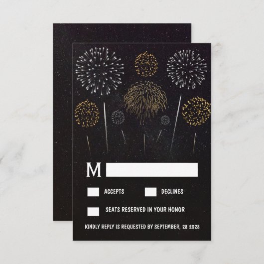 Fireworksをテーマにしたブラック金ゴールドウェディングRSVPカード 出欠カード (正面/裏面)