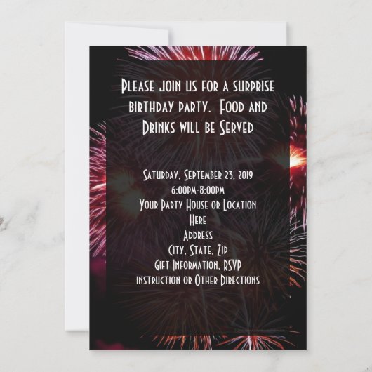 Fireworksを使用したブラックバースデーパーティ招待状 招待状 (裏面)