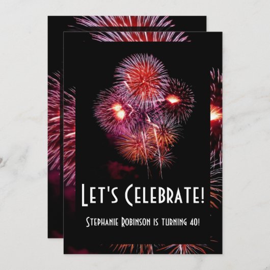 Fireworksを使用したブラックバースデーパーティ招待状 招待状 (正面/裏面)