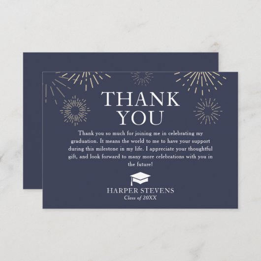 Fireworksモダンの卒業式にメッセージ サンキューカード (正面/裏面)