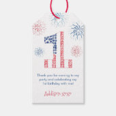 Fireworks赤白青の最初の誕生日パーティー ギフトタグ (正面)