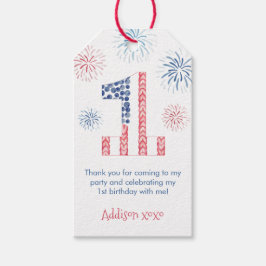 Fireworks赤白青の最初の誕生日パーティー ギフトタグ
