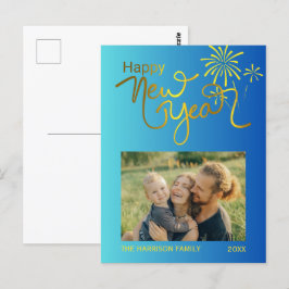 Fireworks金ゴールドHappy New Year Photo Blue Gradient ポストカード