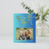 Fireworks金ゴールドHappy New Year Photo Blue Gradient ポストカード (スタンド正面)