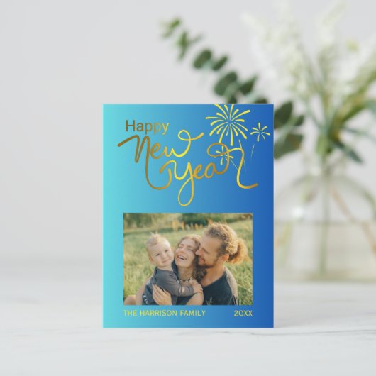 Fireworks金ゴールドHappy New Year Photo Blue Gradient ポストカード (スタンド正面)