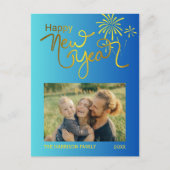 Fireworks金ゴールドHappy New Year Photo Blue Gradient ポストカード (正面)