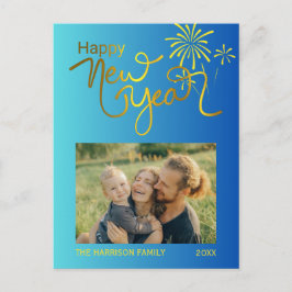 Fireworks金ゴールドHappy New Year Photo Blue Gradient ポストカード